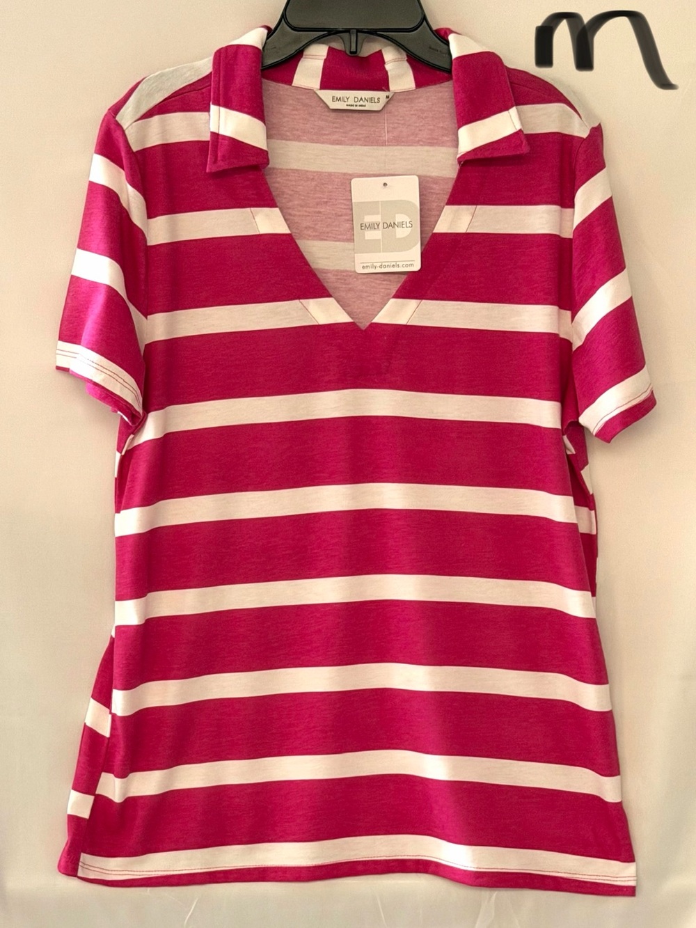Emily Daniels Fuchsia & White Striped V-Neck Polo Tee